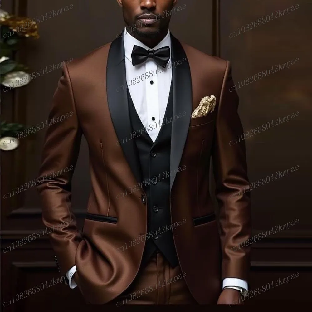 

New Brown And Black Formal Men Suit Groom Groomsman Wedding Party Prom Business Male Tuxedos 3 Piece Set Blazer Vest Pants