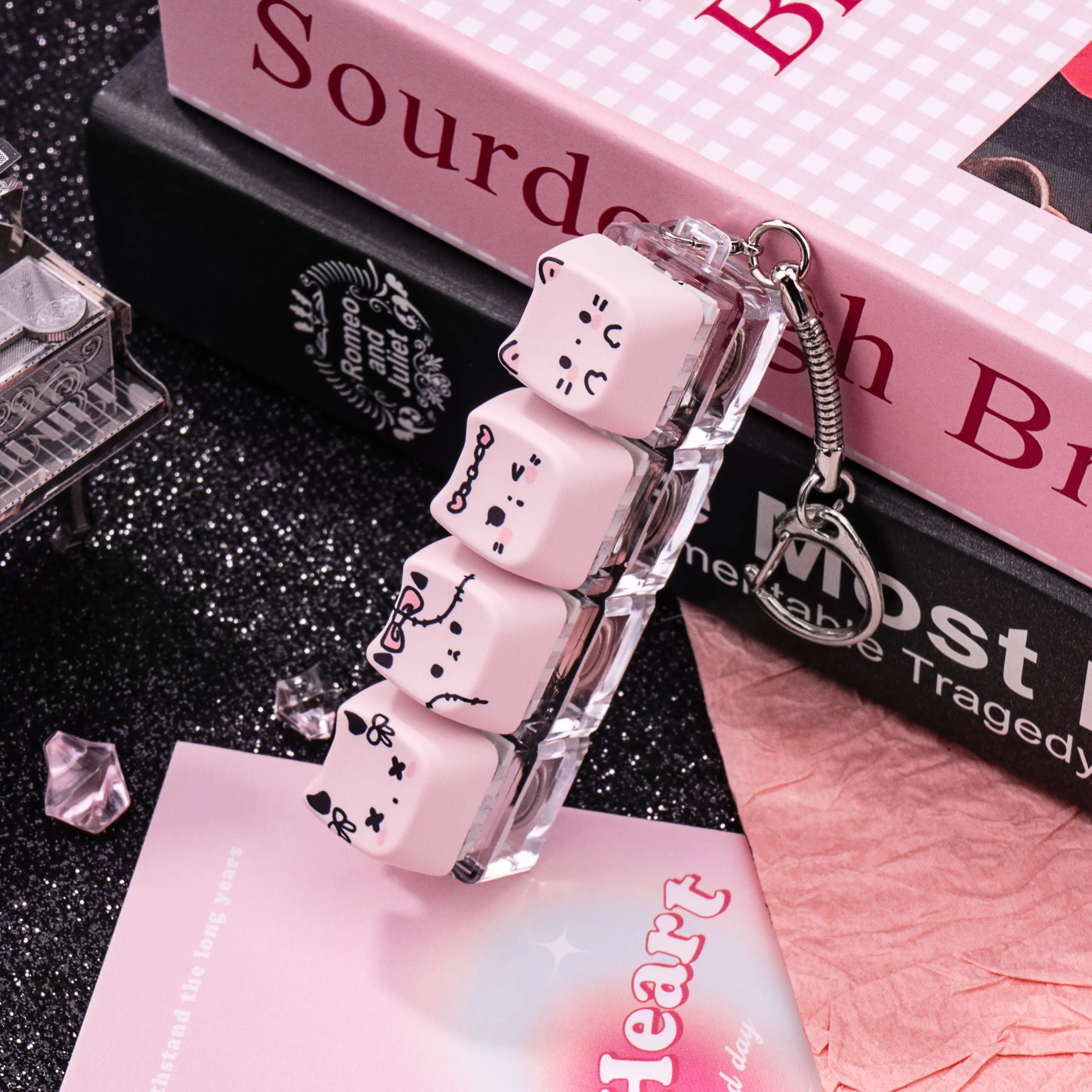 MAIMOOO Keychain Tester Fingertip Toy And Stress Reliever Cute Pink Glowing Cat Mini Keyboard Pendant (Translucent/Opaque).