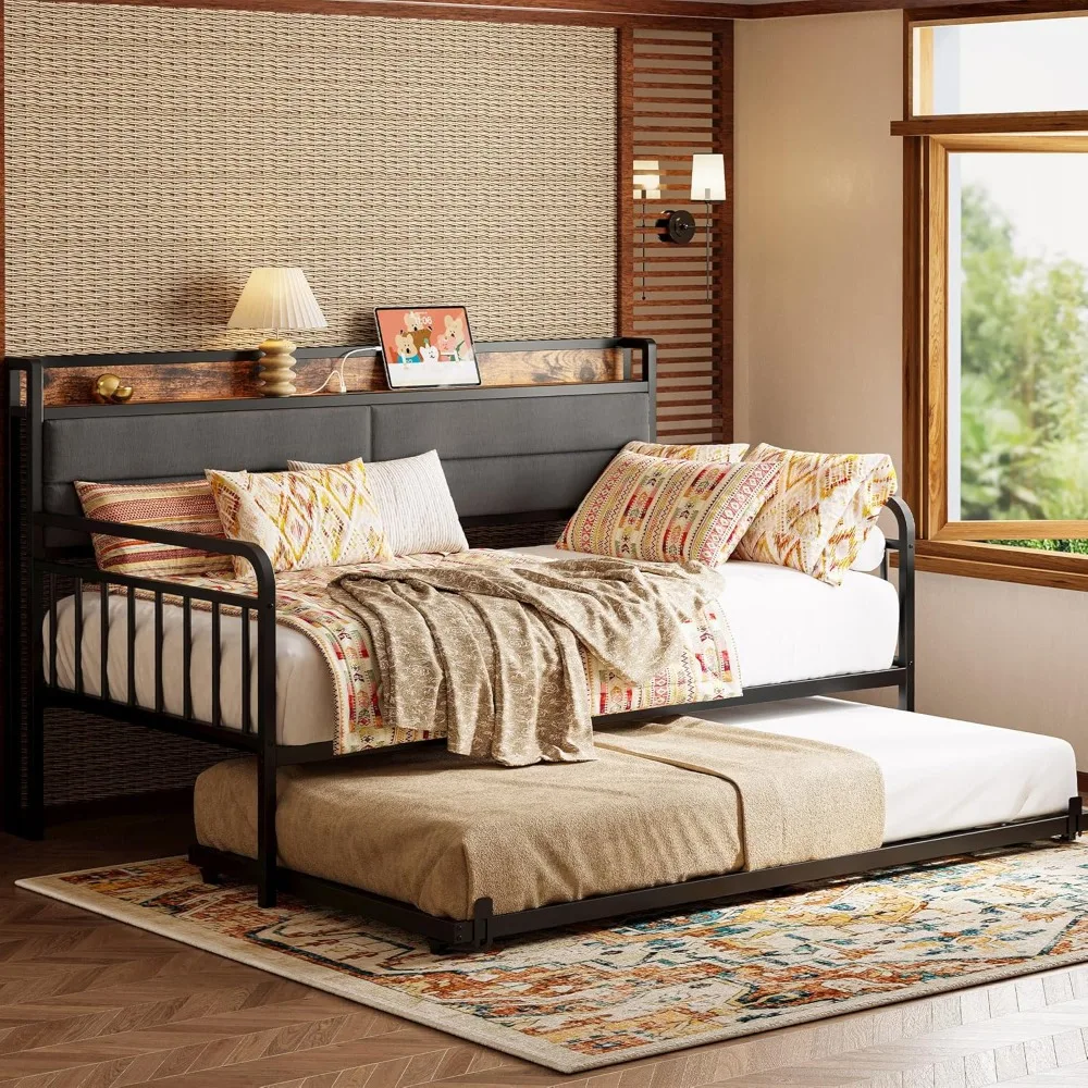 

Sturdy Metal Twin Bed Frame with Upholstered Headboard and Charging Station for Living Room, Bedroom Sturdy Metal Twin Bed Frame
