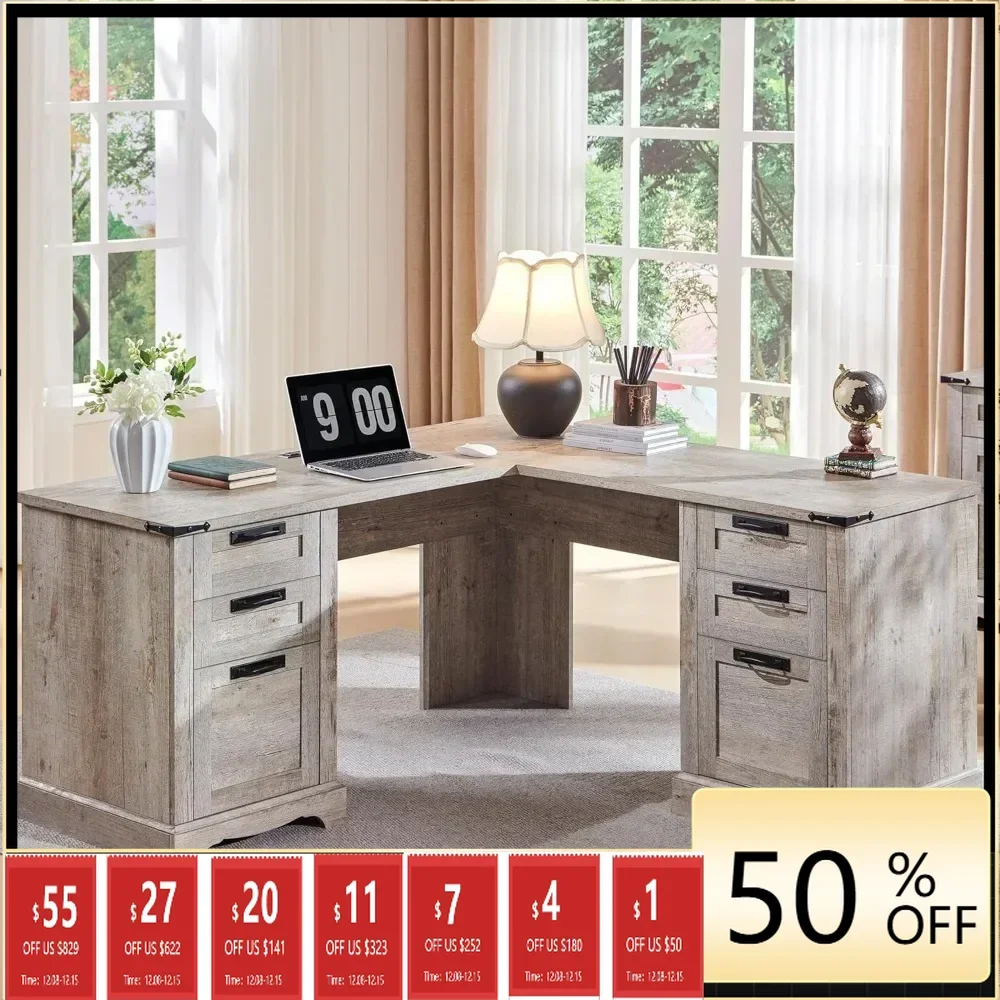 

60" Farmhouse L Shaped Executive Desk with Drawers, Wood Home Office Corner Desk with Charging Station, File Drawer Furniture