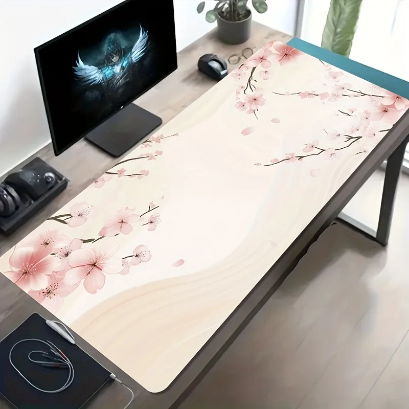 Großes Gaming-Mauspad Rosa Kirschblüten Tuschekunst Rutschfeste Waschbare Gummibasis Schreibtischunterlage Geschenk für Gamer Bürodekoration