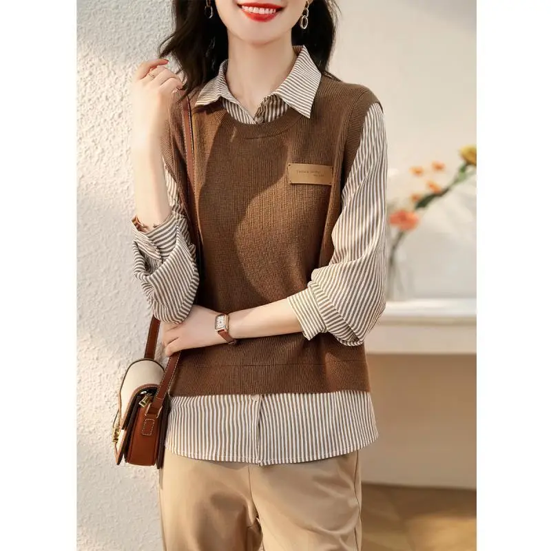 Fashion Button Spliced Striped Blouse Fake Two Pieces Women\'s Clothing 2023 Spring New Korean Pullovers Knitted Commute Shirt