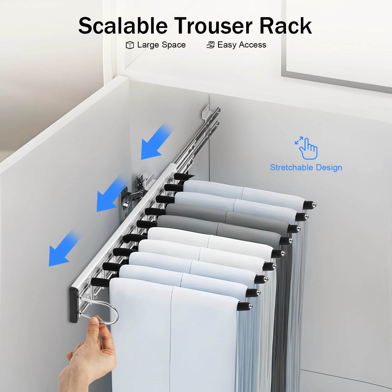 9 Arms Pull Out Trousers Rack Wardrobe Pants Organizer Retractable Closet Pants Hanger Right Left Side Mount