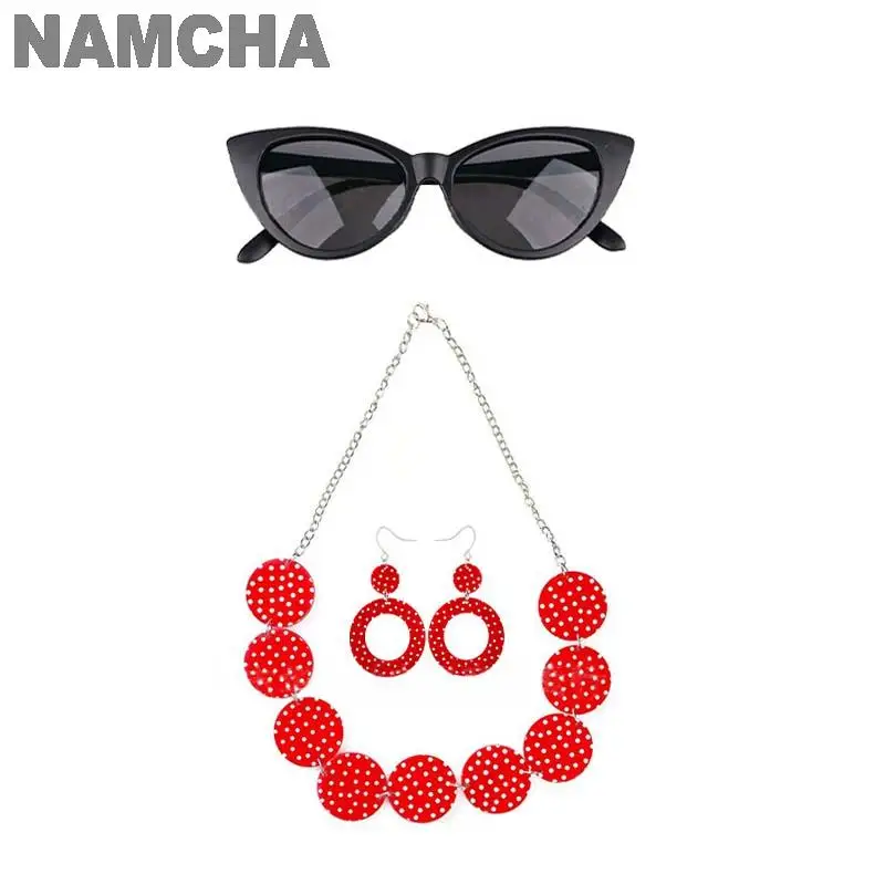 1950s Costume Accessory 5 Pcs Girls Party  Grease Fancy Dress Prom Sunglasses Polka Dot Earrings Necklace Hairband Gloves Set