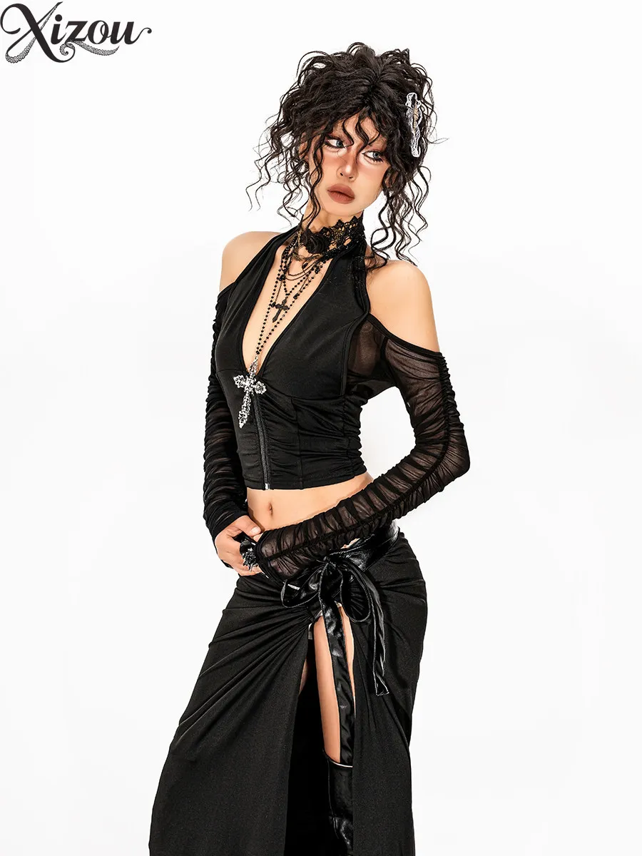 Y2K Gothic Halter Off Shoulder Mesh Long Sleeve Top Rhinestone Cross Zipper Slim Crop Sexy Grunge Streetwear Backless 2026