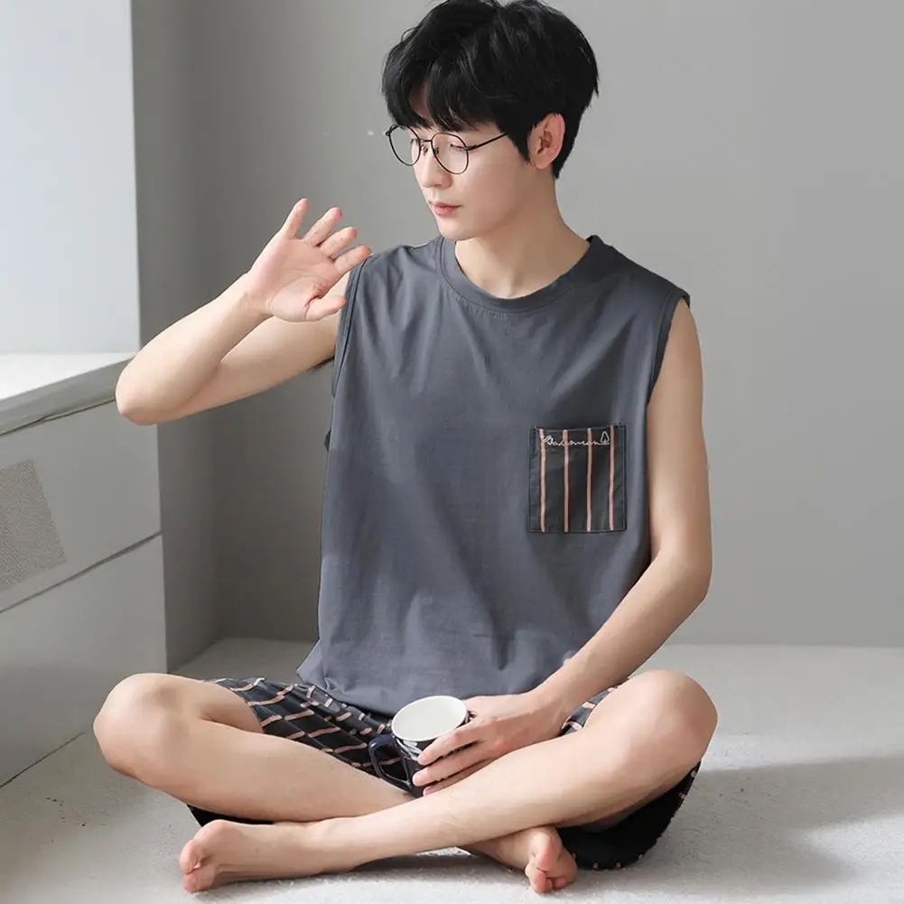 Soft Pajama Set Men's Sleeveless Pajama Set with Round Neck Loose Fit Soft Breathable Fabric Two-piece Sleepwear for Comfort