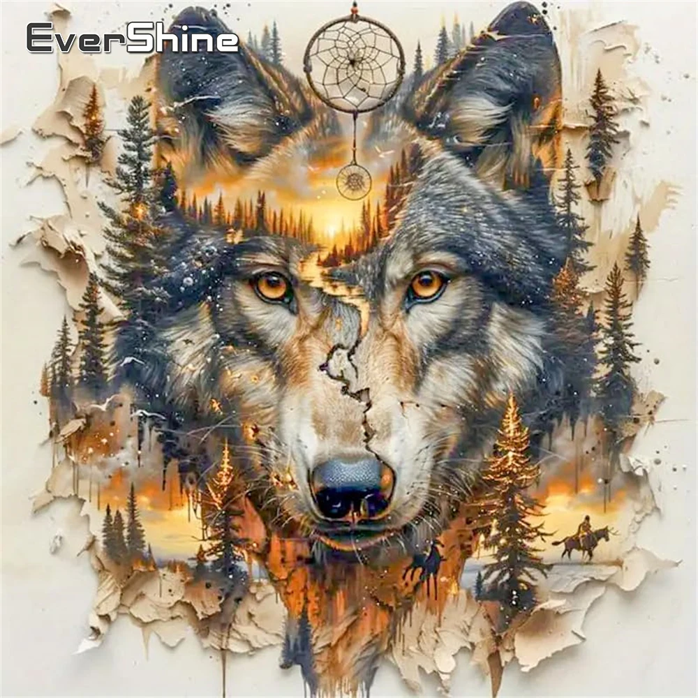 Evershine Vollquadrat Rund Diamant Stickerei Wolf Tier Malerei DIY Bild Strass Diamant Mosaik Sonnenuntergang Dekor für Zuhause