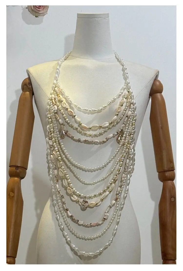 Hanging Neck Handmade Bead Pearl Bra Necklace Suspender Top Chest Decoration Baroque Style Body Chain