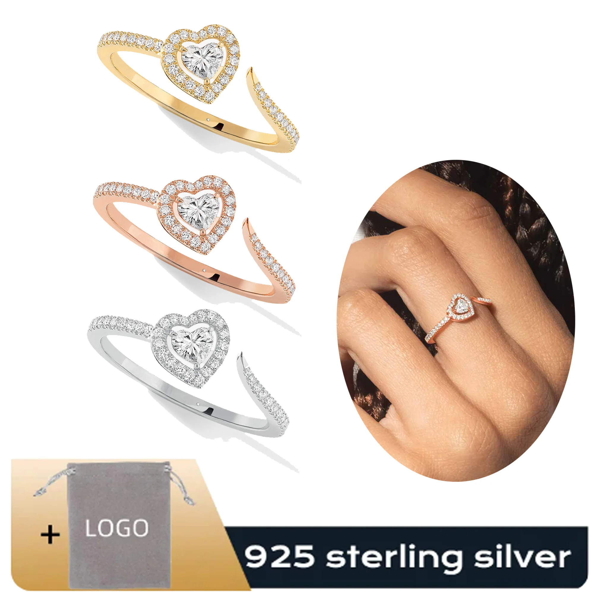 

Fashionable, high-end, light luxury Messi-style Pure Silver S925 Elegant JOY C Œ UR Series Heart shaped Dense Diamond Ring