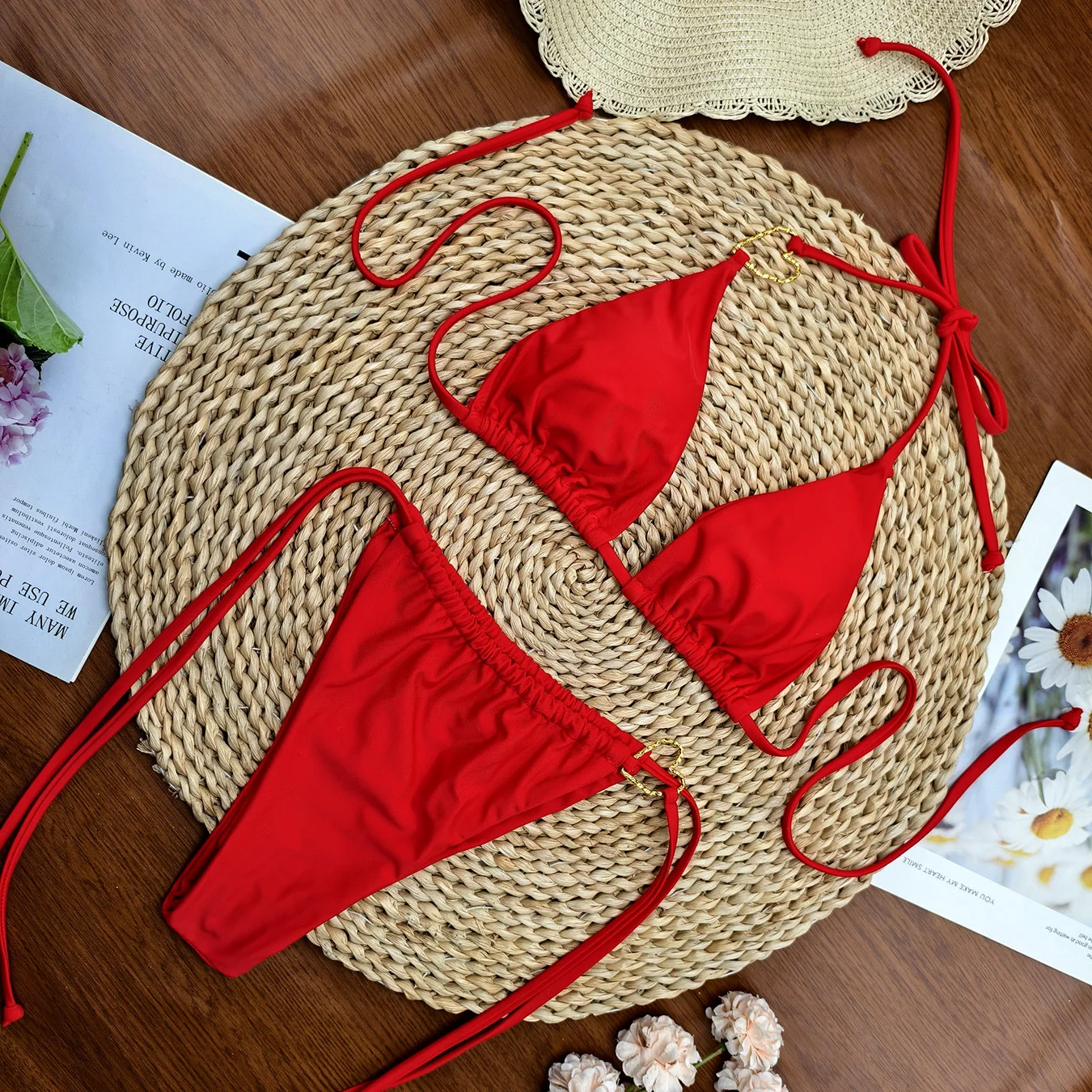 

Women's Sexy Halter Solid Color Bikini Set 2025 Two-piece Triangle Thong Brazilian Swimsuit Bathing Suit Themed Swimwear