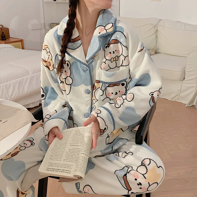 Miniso Crayon Shin-chan Women\'s Flannel Pajama Set Y2k Cartoon Home Furnishing Winter Warm Casual Long Sleeve Pants Pjama Gifts