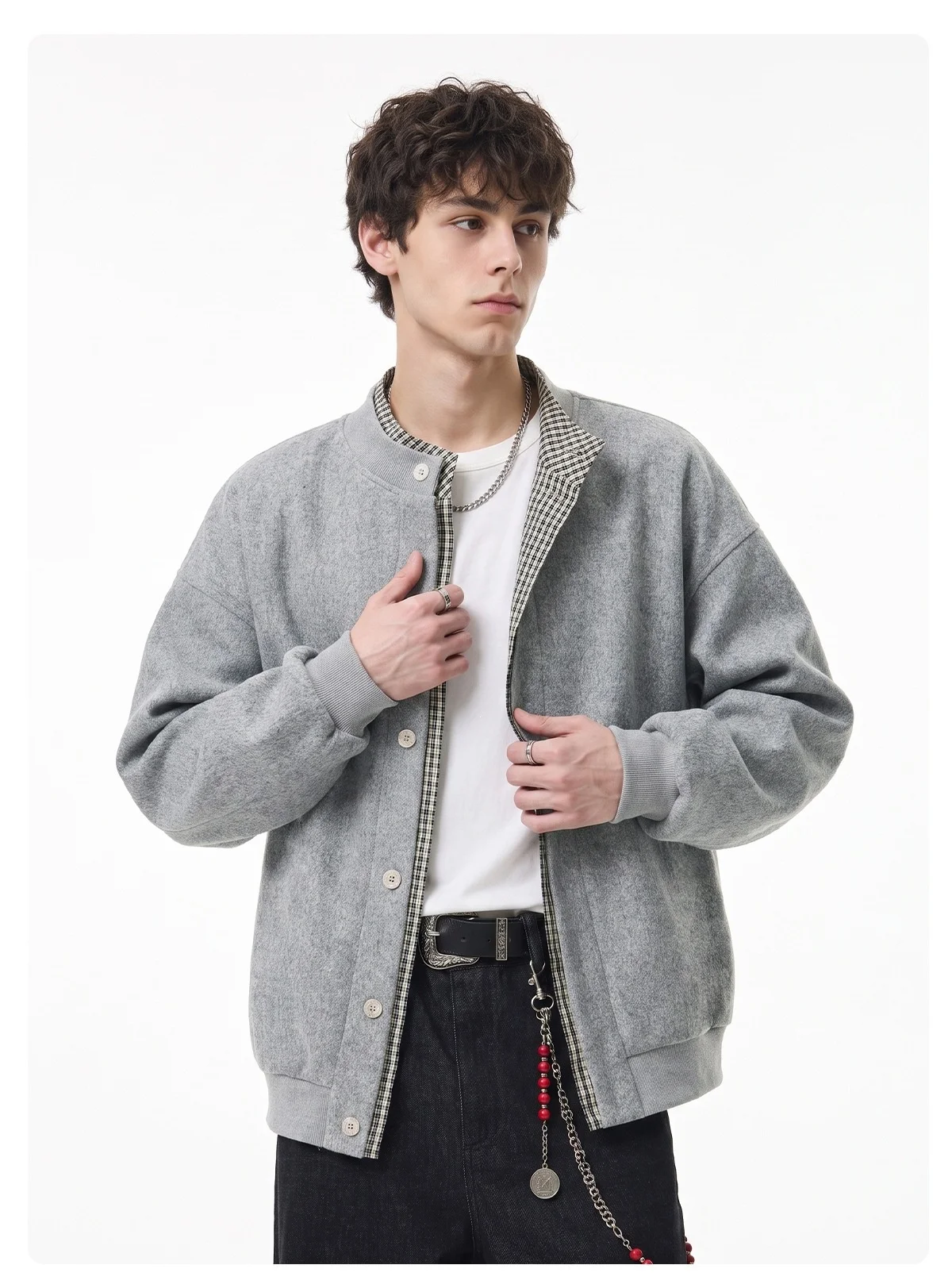 Retro Patchwork Checkered Faux Two-Piece Cardigan Sweatshirt Men Heavyweight Wool Coat, Durable, Minimalist Versatile