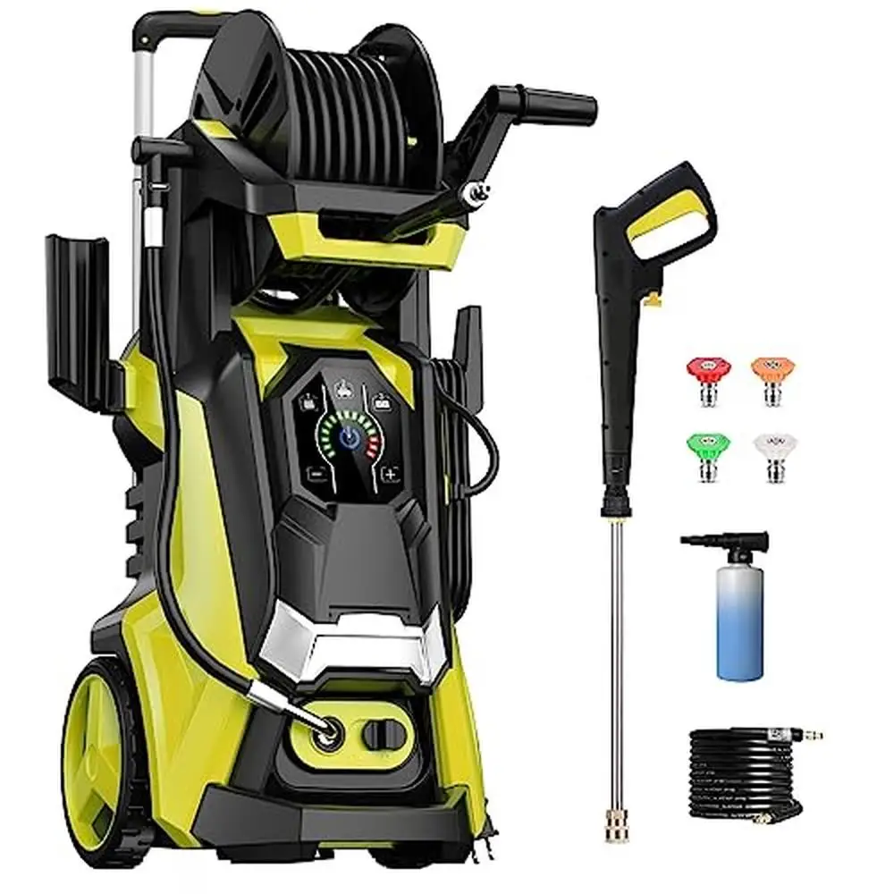 

Powerful 4200 PSI Electric Pressure Washer 2.8 GPM Touch Screen Adjustable Pressure Soap Bottle Nozzles Telescopic Handle Wheels