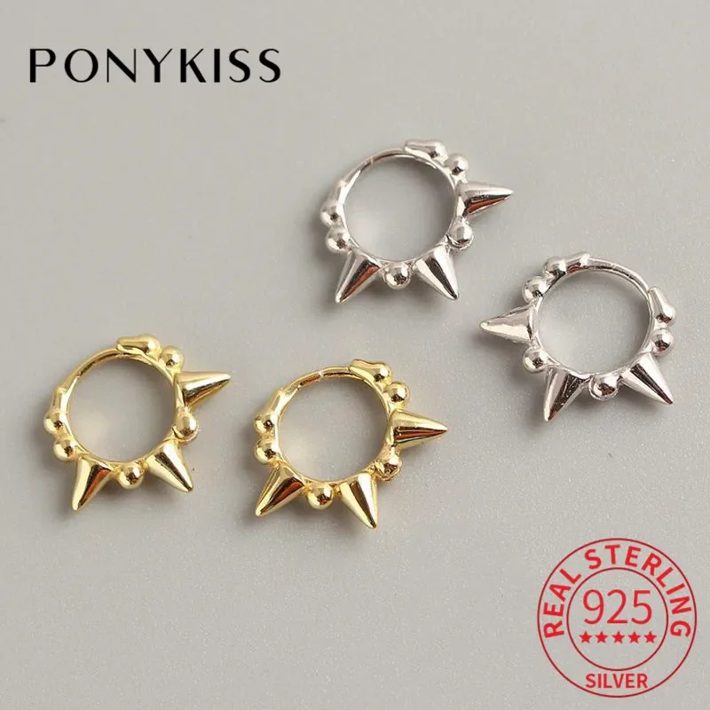 PONYKISS S925 Sterling Silver Round Bead Rivet Hoop Earrings Fashion Punk Unisex Earrings Accessory Girl Street style Earrings