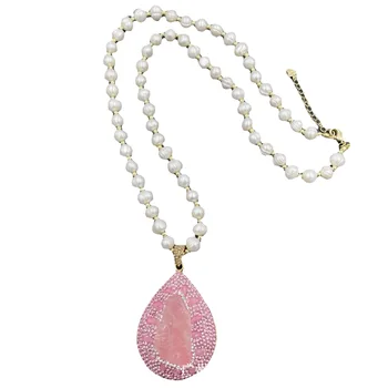 MVN052 spring and autumn sweet style new natural pearl beaded chain rough stone raw ore pink crystal inlaid around the necklace