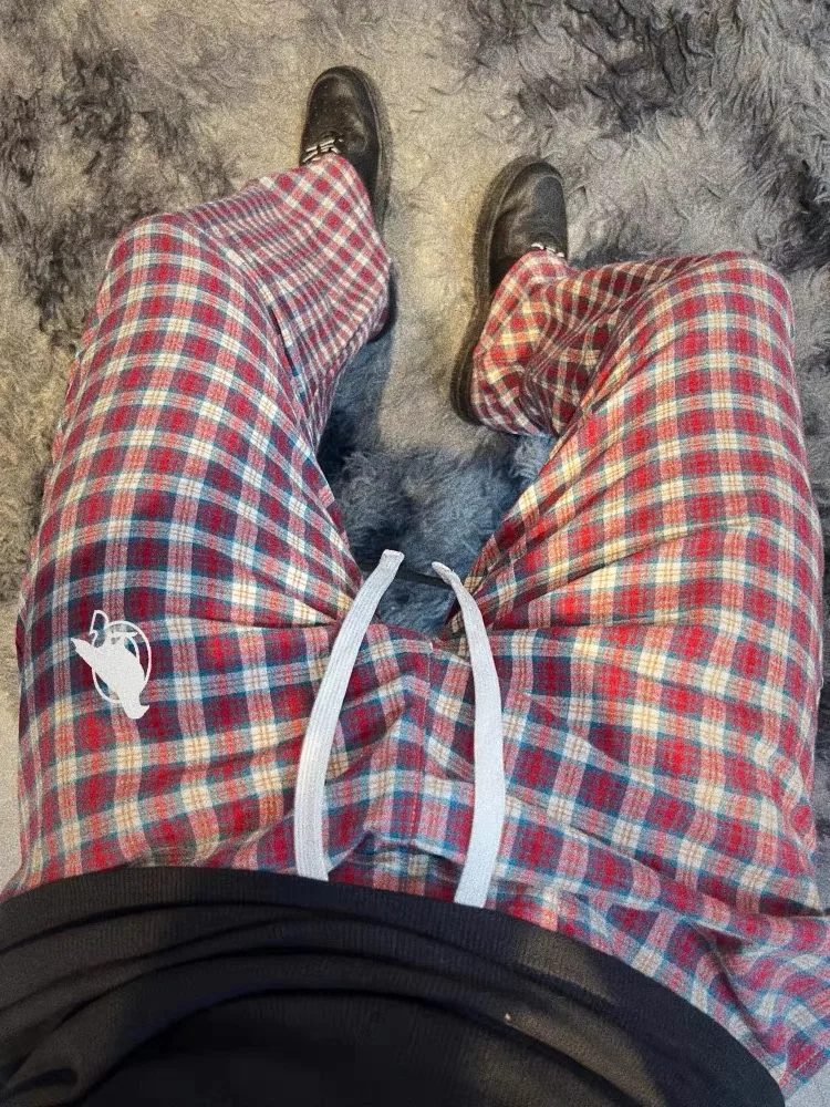 

American Retro Plaid Loose Waist Casual Men's Pants Straight Leg Lazy Sle Long Trousers Autumn Season Faion Trend