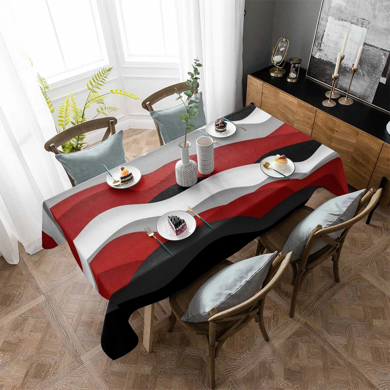 Waves Black Red Gradient Waterproof Tablecloth Party Decorations Supplies Rectangle Table Cloth for Kitchen Table Decor