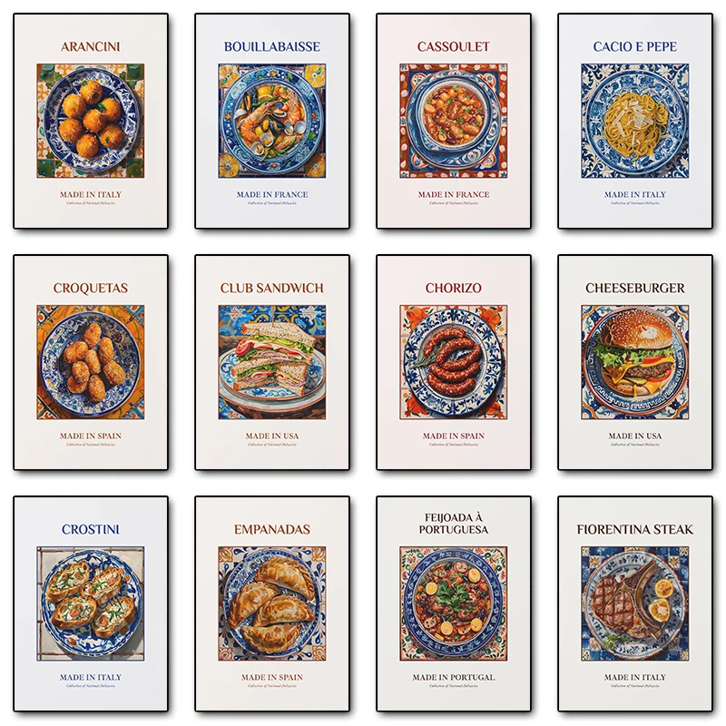 Arancini Bouillabaisse hamburguesa de queso Empanada Paella Catalana comida cartel lienzo impresión pared arte imagen para cocina decoración del hogar
