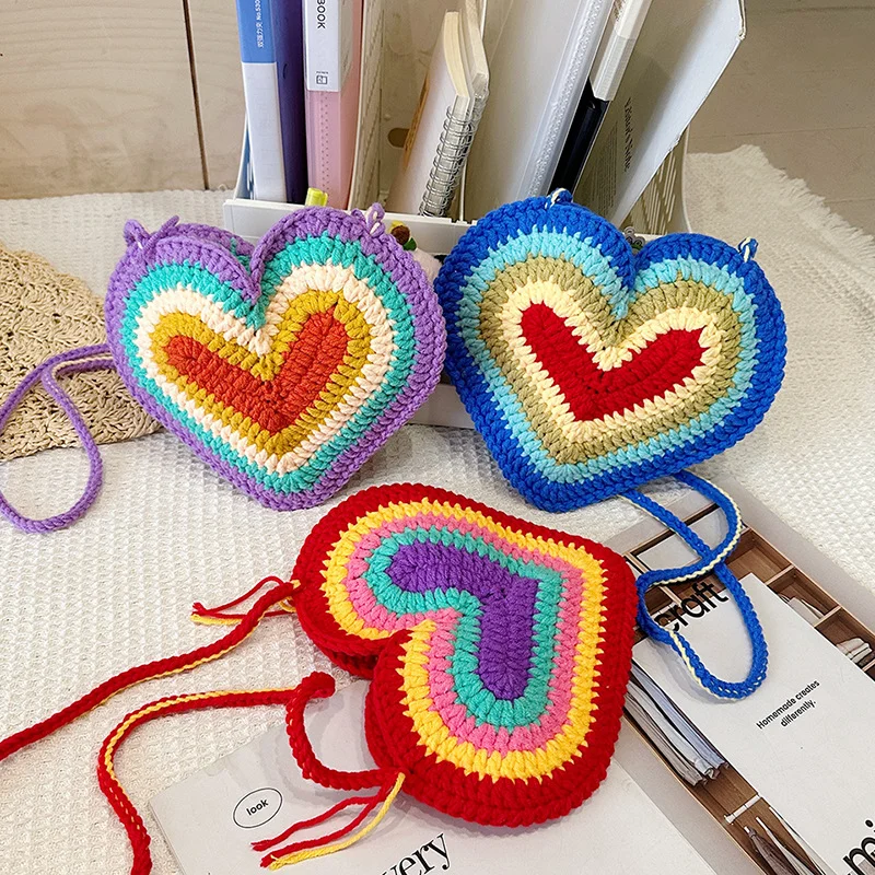 

Красочная градиентная сумка в форме сердца, женская сумка из пряжи ручной работы, свежая и милая сумка через плечо на одно плечо