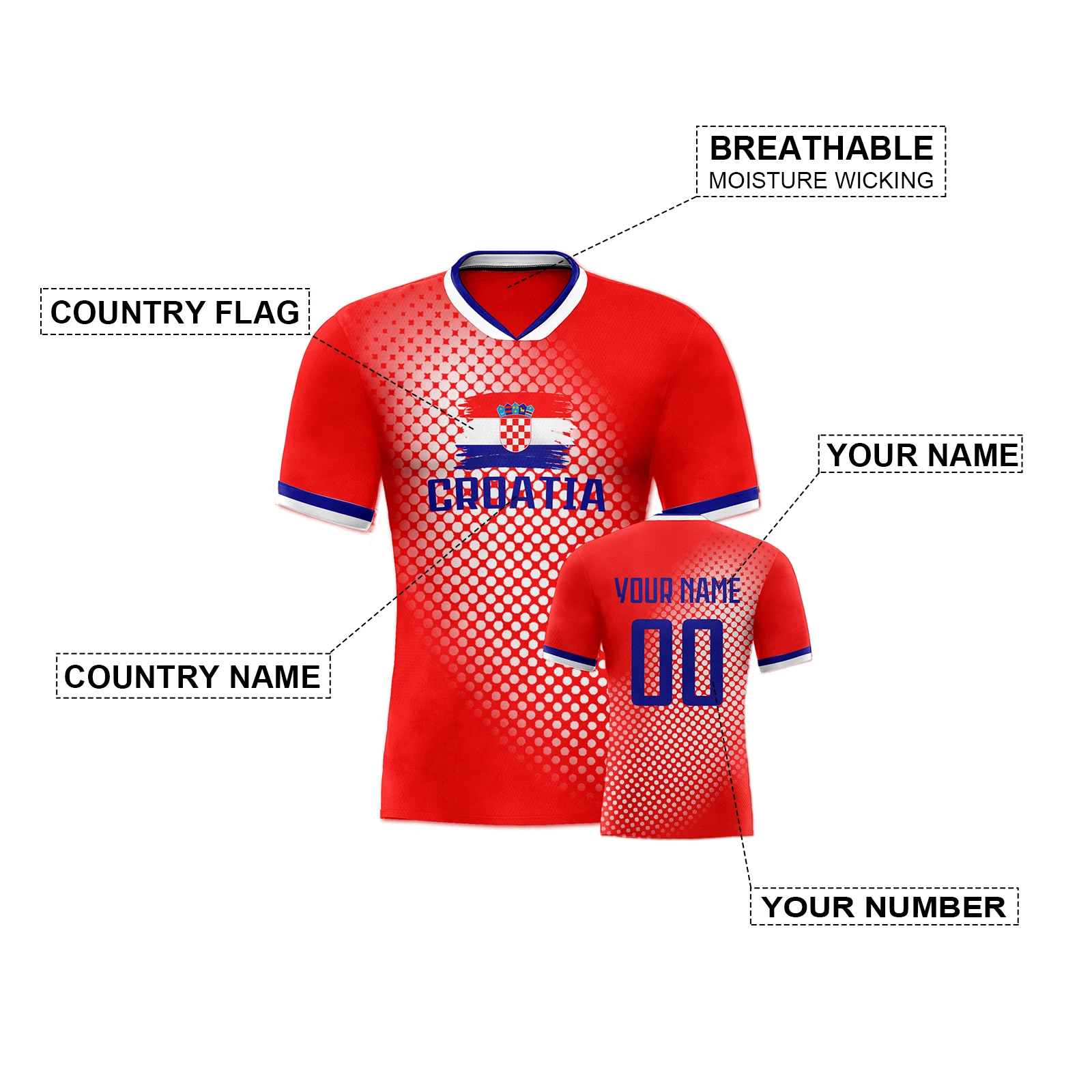 Croatia Football Shirt Custom Quick-Dry Soccer Jersey with Printed Name Number Soccer Team Uniform for Youth Men Women Fans