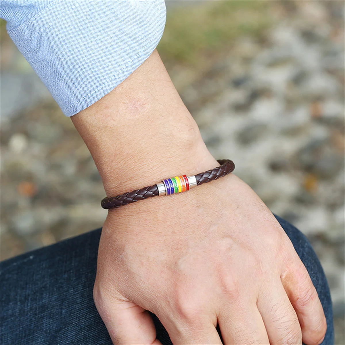 Handmade Black Brown Leather Rainbow Bracelets For Women Men Fashion Love Pride Magnetic Buckle Leather Bangle Couple Jewelry