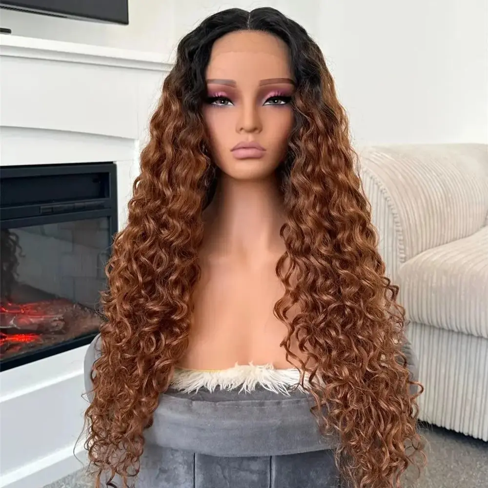 Synthetic Wigs New 30 Inch Ombre Chestnut Brown 180% Density Wigs Afro Kinky Curly  Cospaly 100% Premium Fibre Wigs Pre Plucked