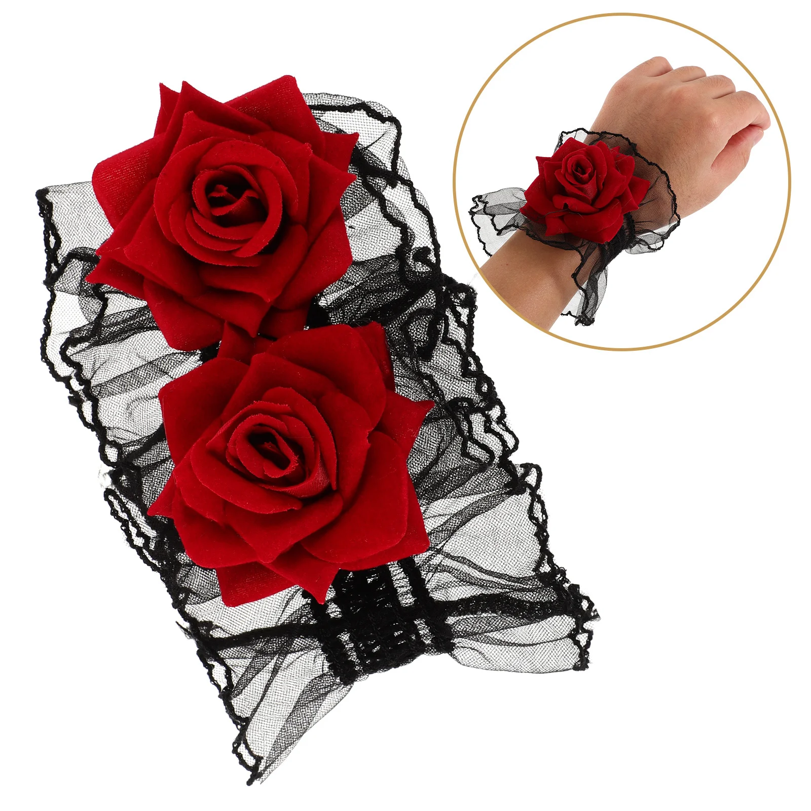 

1Pair Lace Gloves Black Elastic Bracelet Fingerless Rose Flower Corsage Victorian Gothic Wedding Bridesmaid Halloween