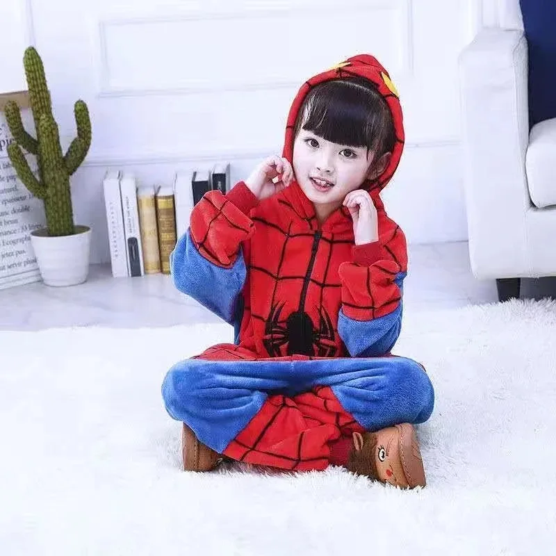 Marvel Spiderman children\'s autumn and winter warm cartoon anime flannel one-piece pajamas cosplay clothes student home clothes