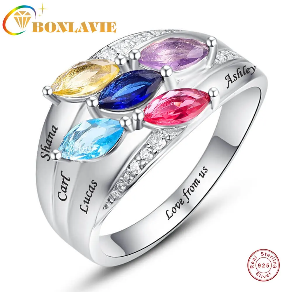 

100% 925 Silver Ring Customized Zircon Horse Eye Gem 5 Birthstone 5 Names Text Women's Birthday Wedding Gift Jewelry