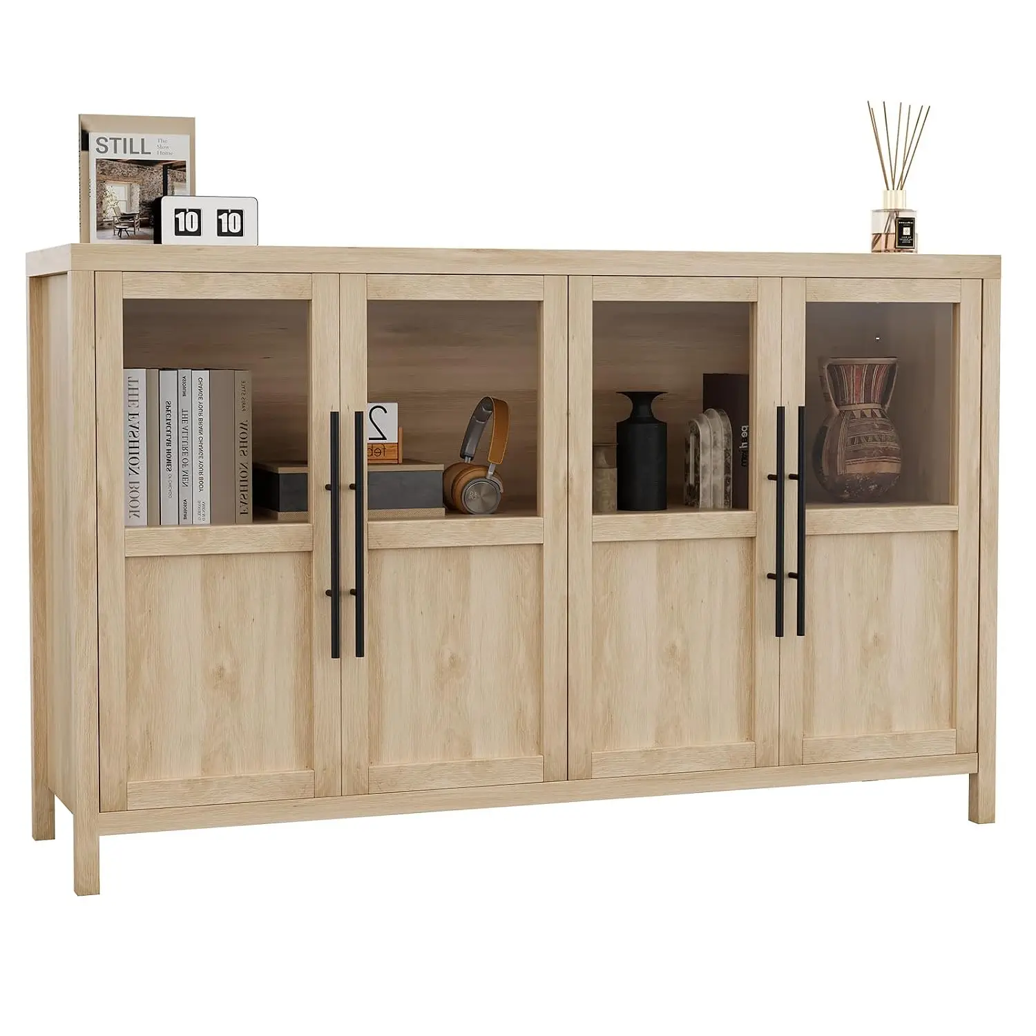 55in Sideboard 4 Glass Doors Coffee Bar Wine Display Modern Storage Console Kitchen Dining Living Room, Customized