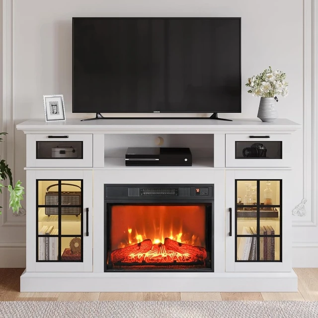 Entertainment Center for 65 inch TV Modern White TV Stand with 23 Electric Fireplace Tall Farmhouse TV Stands for Living Room