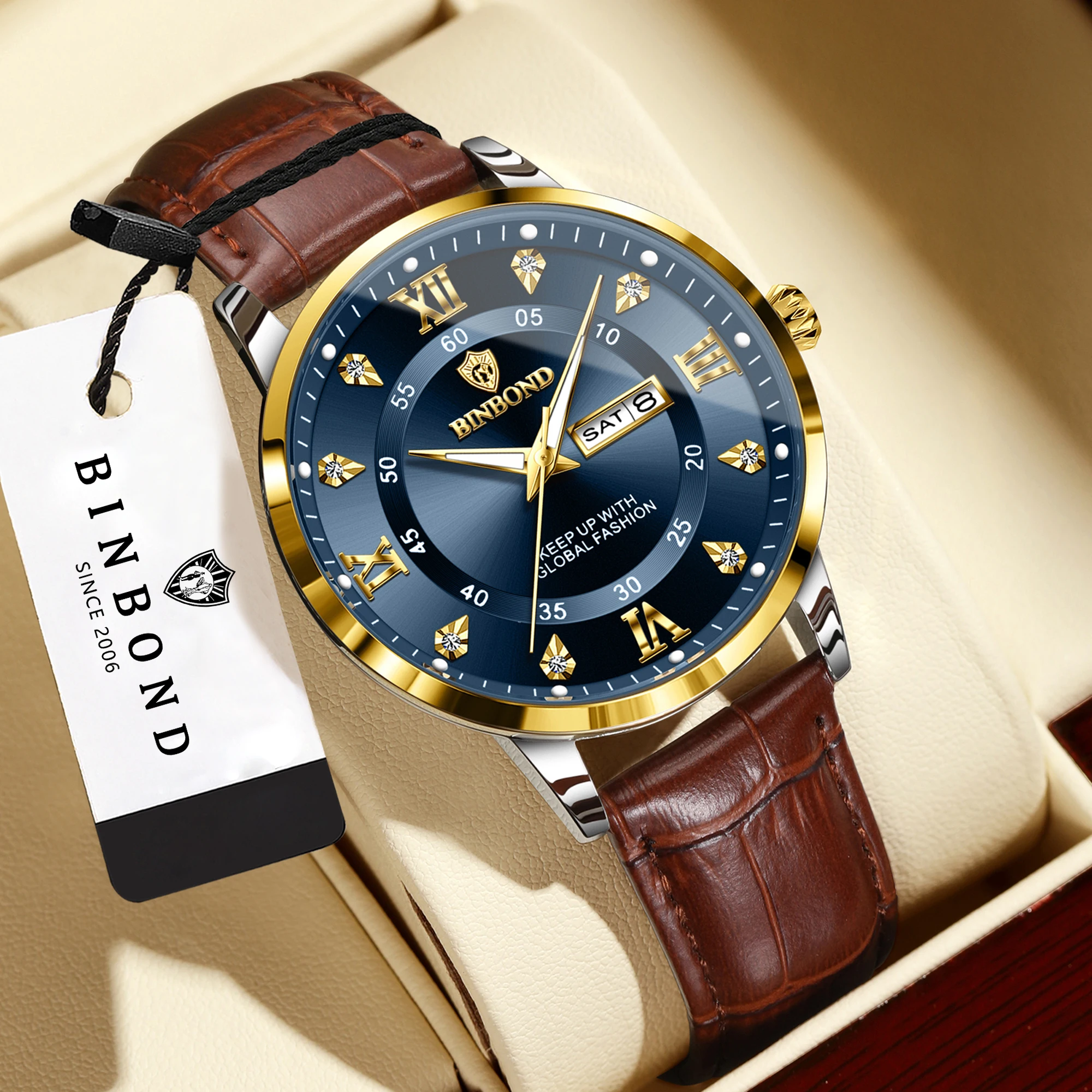 Smartwatch Luxury Watches For Men - นาฬิกาควอตซ์ BINBOND สำหรับผู้ชาย หรูหรา เรืองแสง กันน้ำ