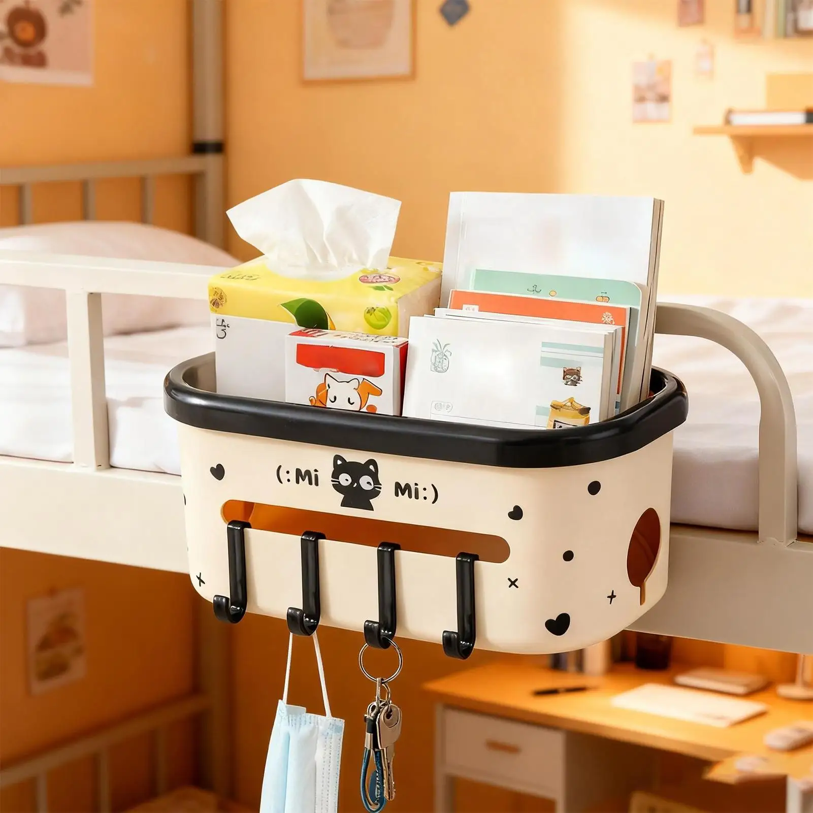 Bed Pocket Tissue Box with Lid Hooks Bedside Storage Remote Holder for Bed for Water Bottle Glasses Phone Hair Accessories Home