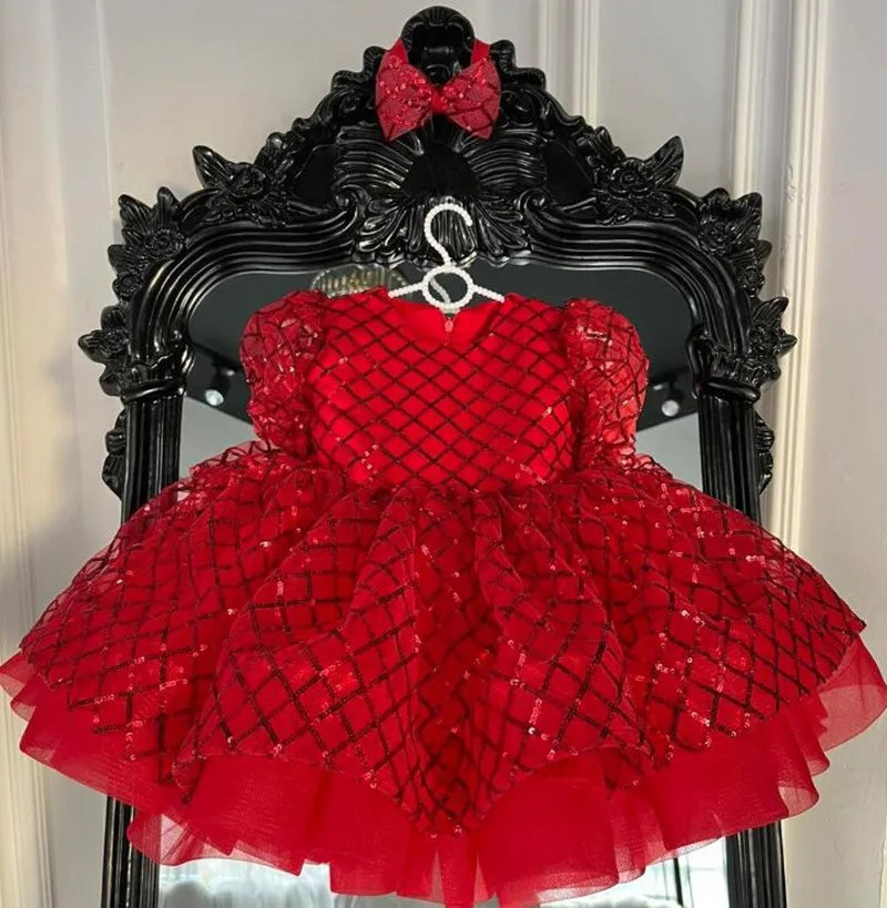 

Bling Bling Red Baby Girl Dress Long Sleeves 2024 Winter Tutu Outfit Fluffy Little Princess Birthday Gown Flower Girl Dress