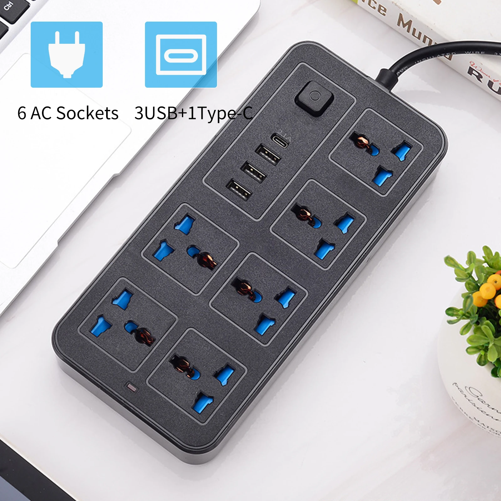 Power Strip With 6 AC Sockets & 3 USB 1 Type C Port 6FT Extension Cord Surge Protector for Home Office Dorm Power Button Safe to