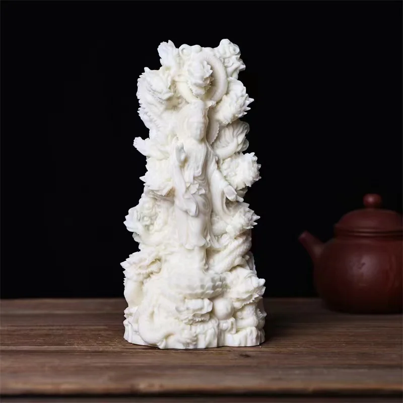 Ivory Nut Carved Nine‑Dragon Guanyin Statue Avalokitesvara Buddha Home Decor Peace Protection Craft Ornament