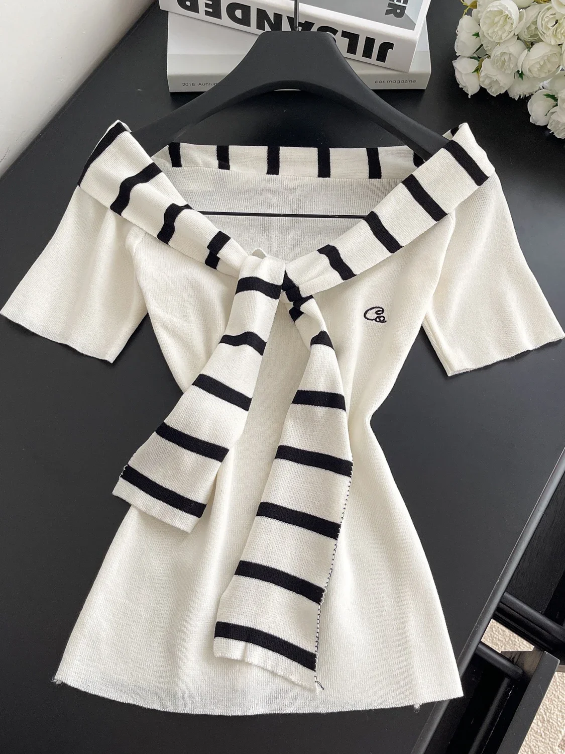 Pop Dopamine Sweet Spicy Knit T Shirt Women Short Sleeve With Shoulder Cape Patchwork Commuting Elegant Tops Trendy Summer Outfi
