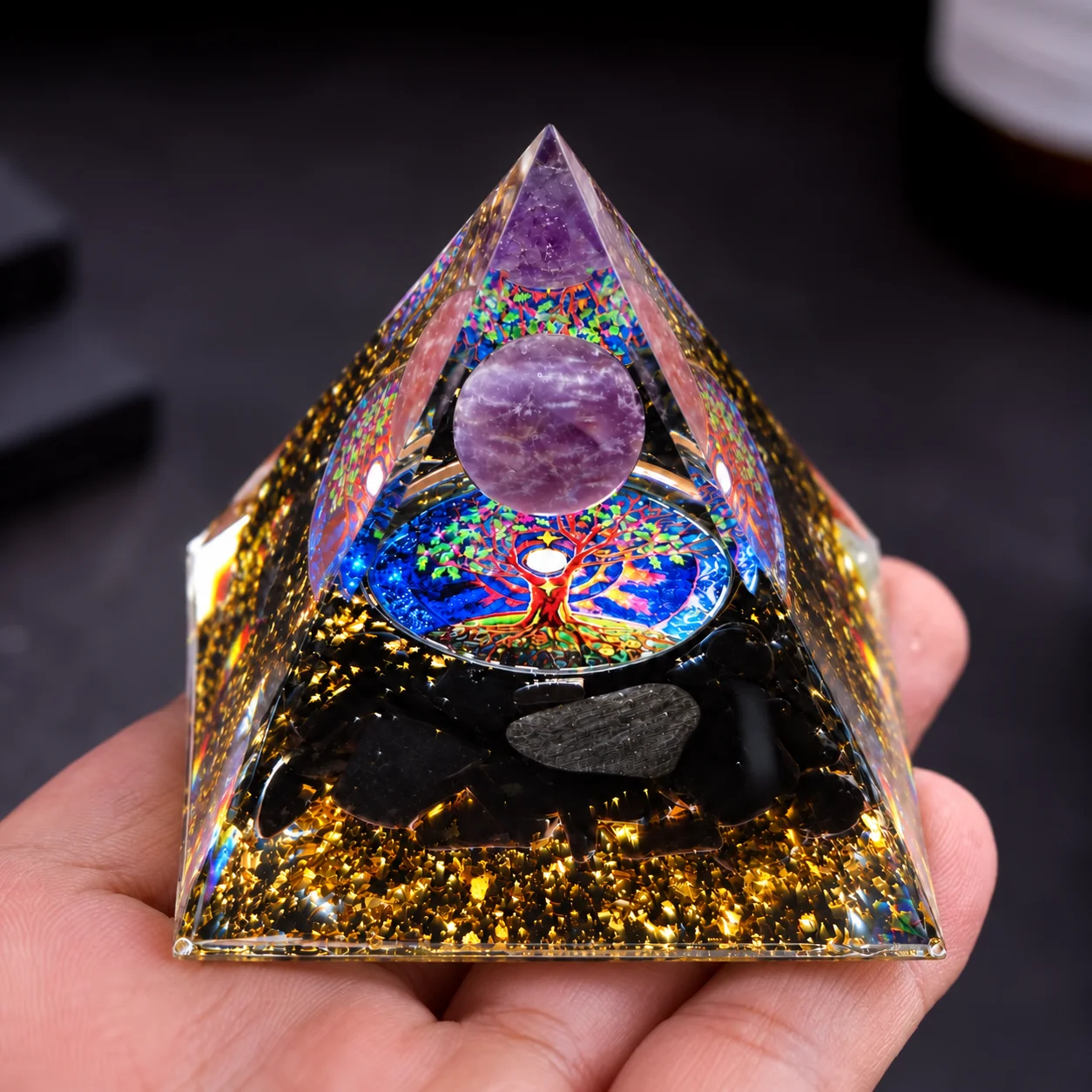 Orgone Pyramid with Amethyst Crystal Sphere Tree of Life Obsidian Gravel Gold Leaf Energy Generator Meditation Home Ornament