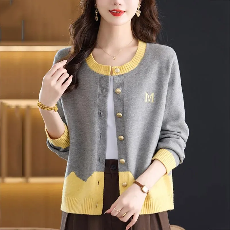 Colorblock Cardigan Coats Women 2026 New Autumn Design Versatile And Stylish Round Neck Sweater Sweater Jacket