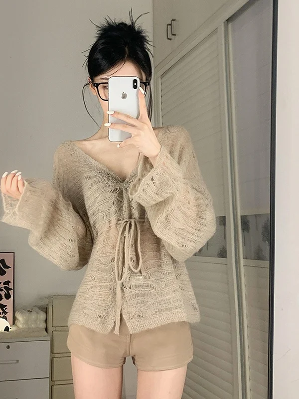 Sunshine Soft Gauze Open Cardigan Women's Autumn Winter Loose Slimming V-Neck Knitted Outerwear Drawstring Design Casual Style