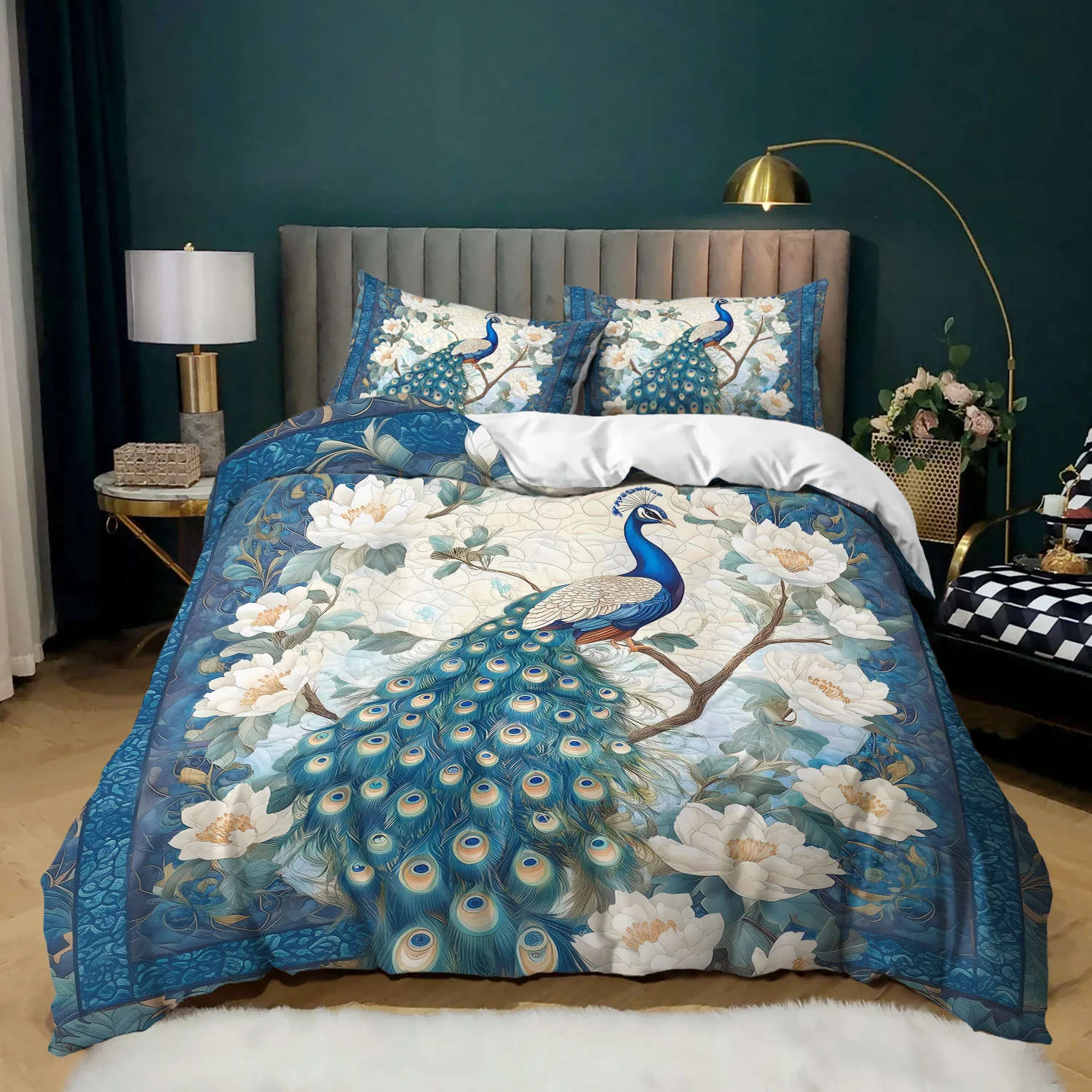 

3pcs Peacock Floral Bedding Duvet Cover Set Elegant Peacock Bedding Quilt Set Luxury Peacock Themed Bed Quilt Set Blue Peacock