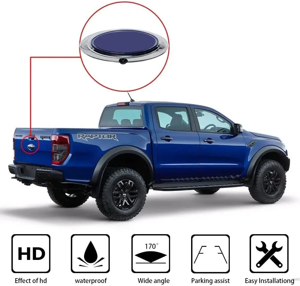 Bezel Emblem with Back up Camera for Ford F150 F250 F350 (2004-2016), HD 700TVL Night Vision, RCA Input Reverse Camera