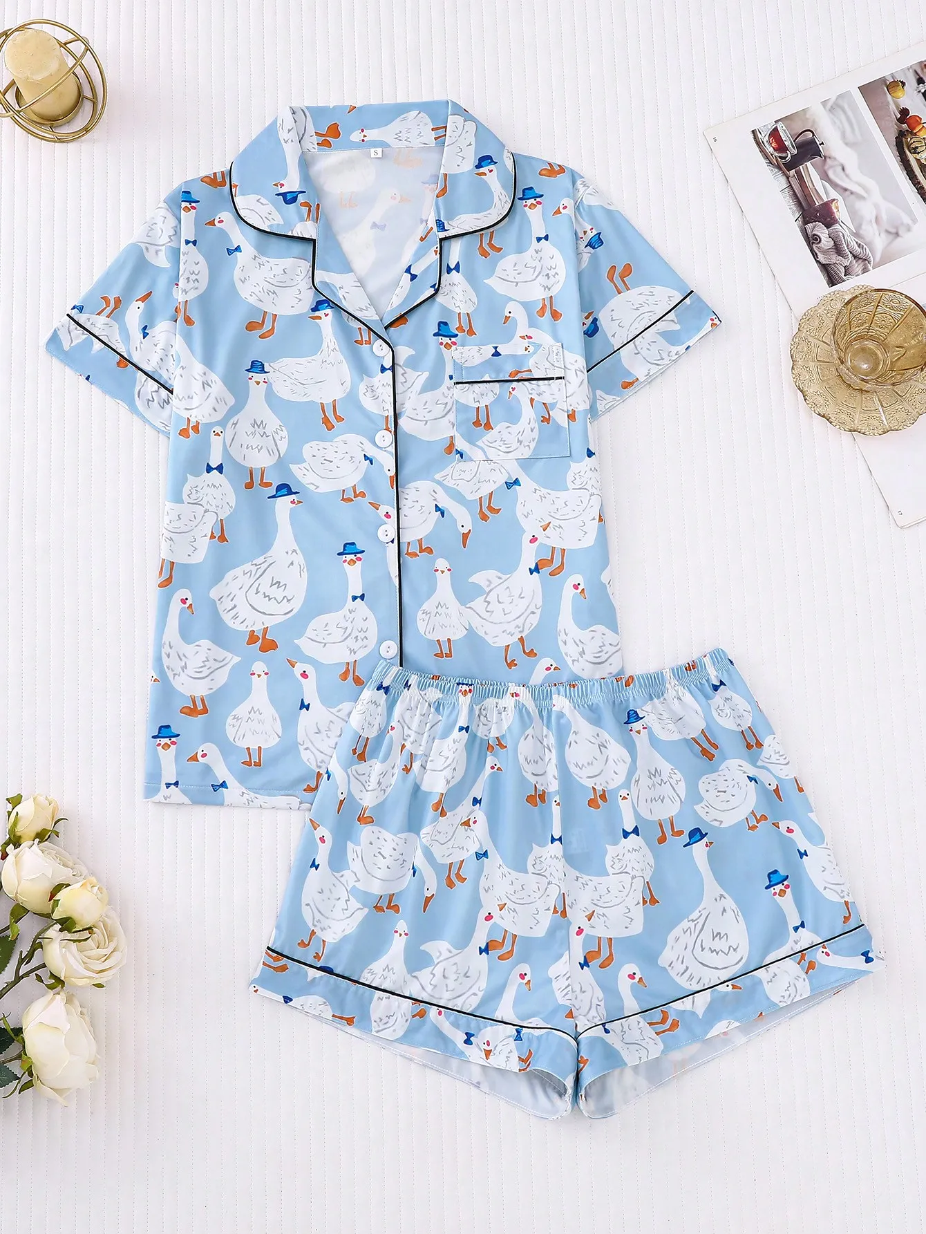 

2-Piece Light Blue Goose Print Women's Pajama Set - Short Sleeve Button-Up Top & Elastic Waist Shorts