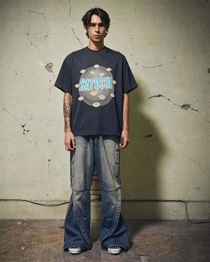 Summer T-shirt Oversized Distressed Black T Shirt SATOSHI Eye Circle Graphic Print Crew Neck Loose Streetwear Short Sleeve Tees