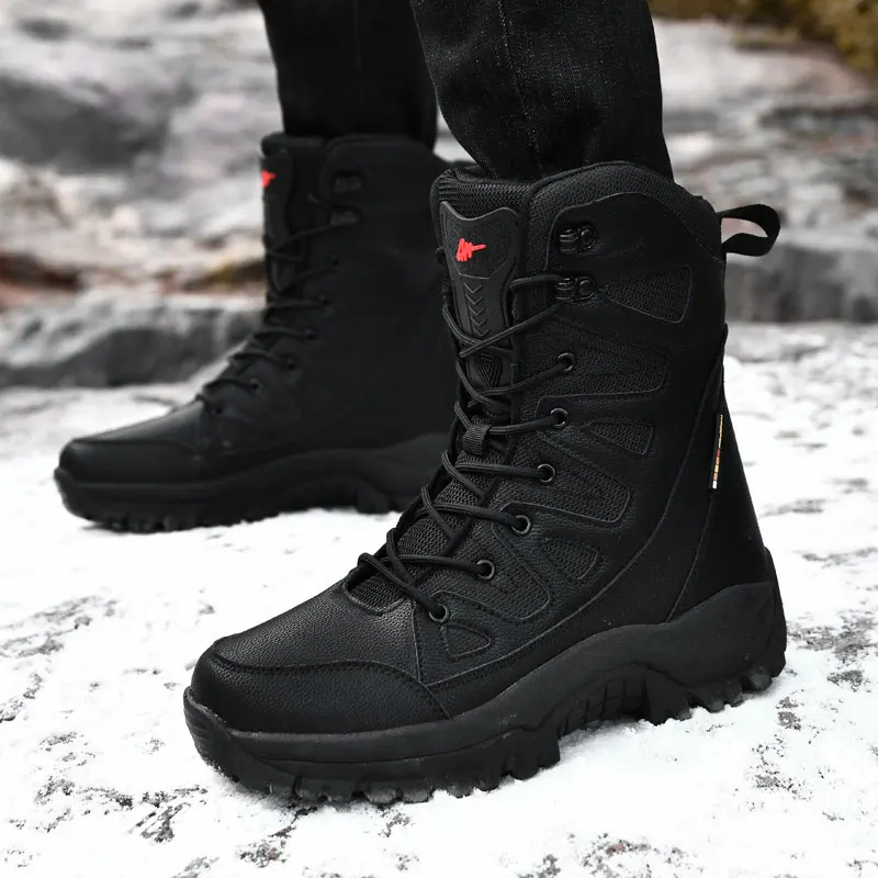

High Top Men's Waterproof Winter Boots Warm Plush Lined Snow Boots Lace-Up Anti-Slip Casual Ankle Work Boots Army Style Women