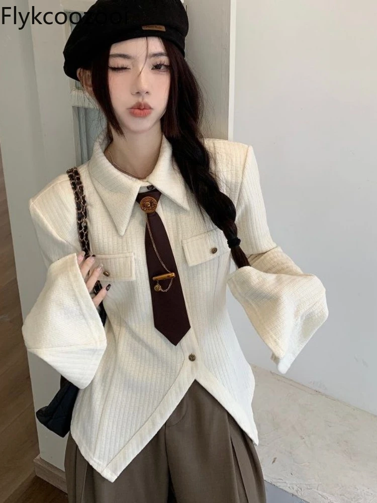 Autumn and Winter New Style Slanted Door Side Fake Pocket Design Long-sleeved Shirt for Women with Tie Blusa Feminina