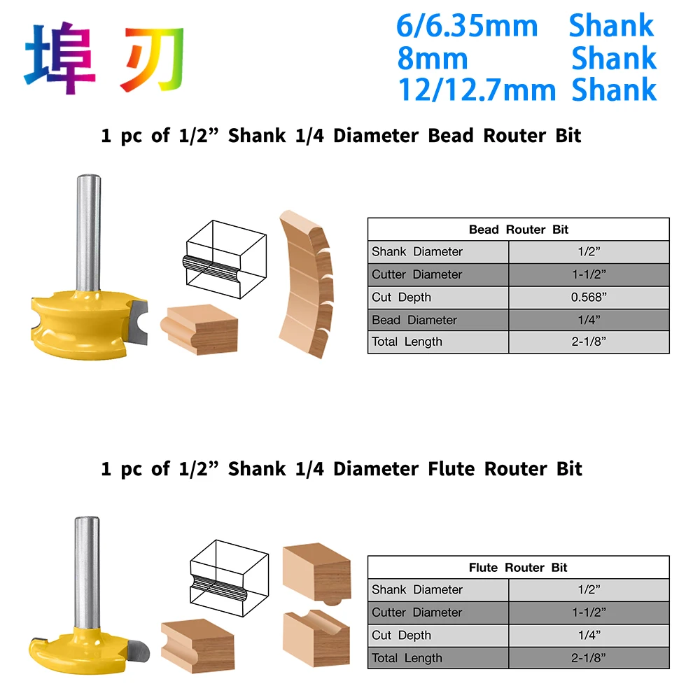 Canoe Flute and Bead Router Bit Set Woodworking Tungsten Cobalt Alloy Wood Tenon Milling Cutter Bits Tools DT005