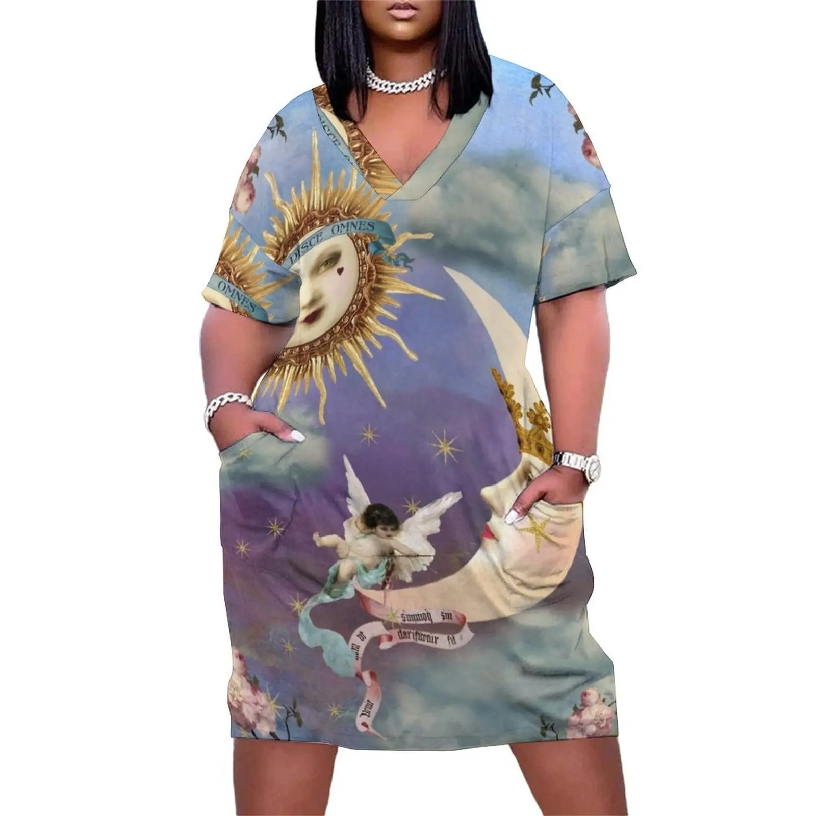 

Sun and Moon - Celestial Angel - Tarot Sun- Tarot Moon Loose Pocket Dress clothes for woman clothes