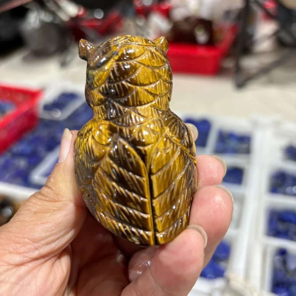 1PCS Natural Yellow Tiger Eye Stone Owl Animal Carving Crystal Healing Reiki Home Decor Gift Cartoon Dragon Ornament