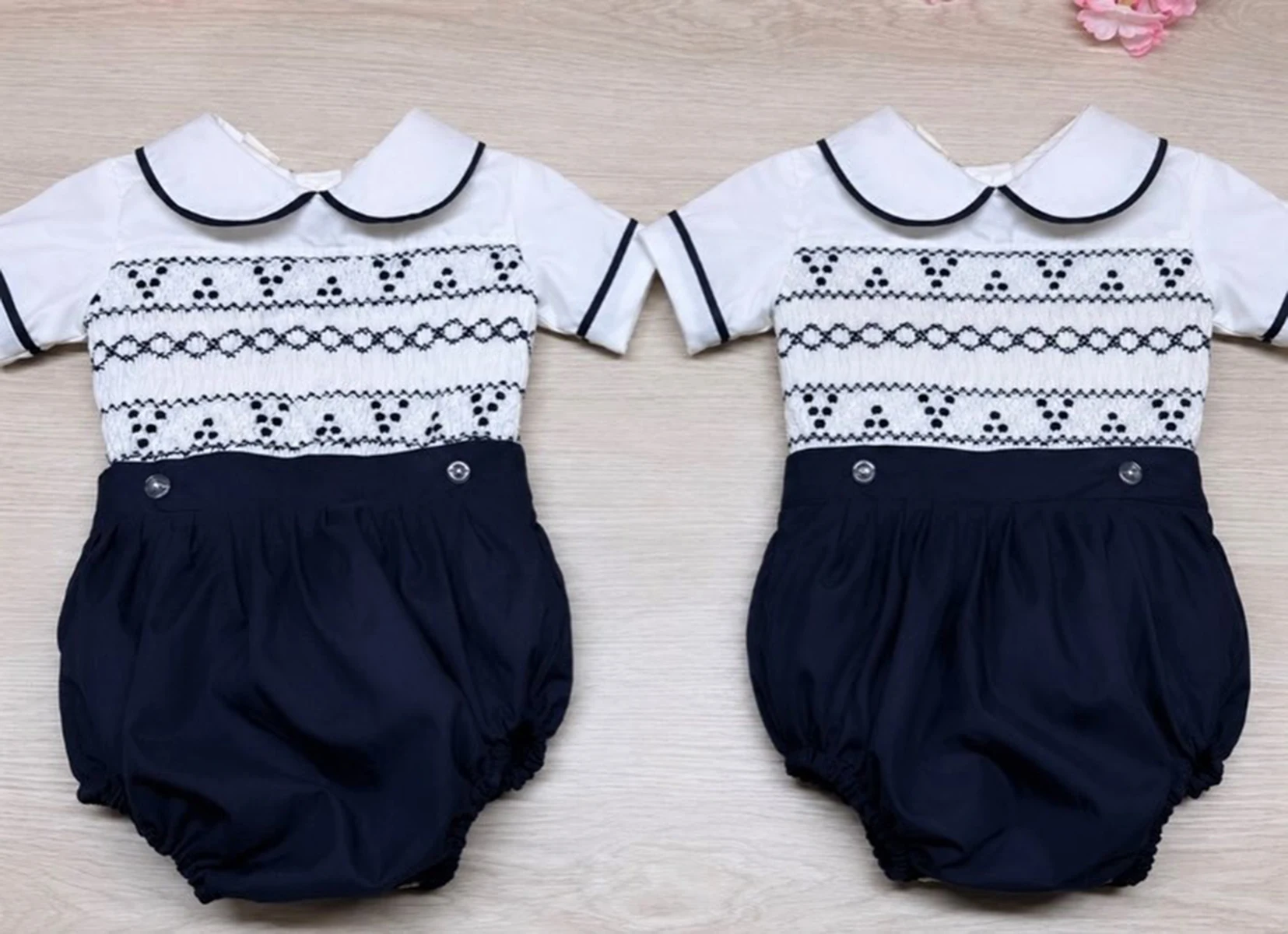 Summer Baby Boy Handmade Embroidery Dots Navy Blue Suit Smocked Outfit For Casual Party Birthday Photography